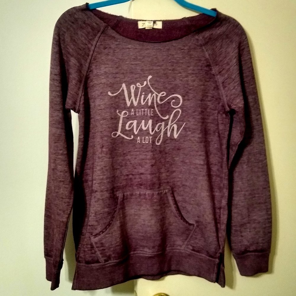 NWT ~ ZOBHA Sweatshirt Burnout Fleece Statement Wine Novelty Tunic (Size: S)